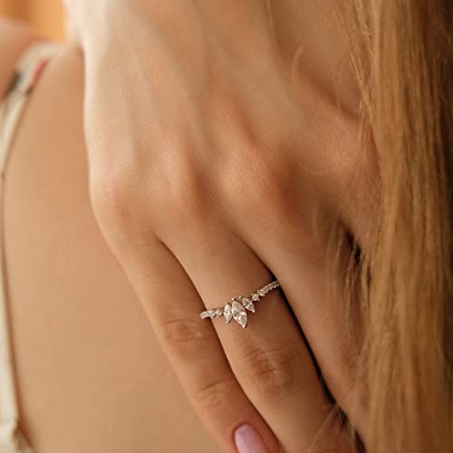 Rhodium Plated Sterling Silver Tiara & Crown Dainty Curved Wedding Band Ring Marquise Cut 3-Stone V Arched Promise Ring4