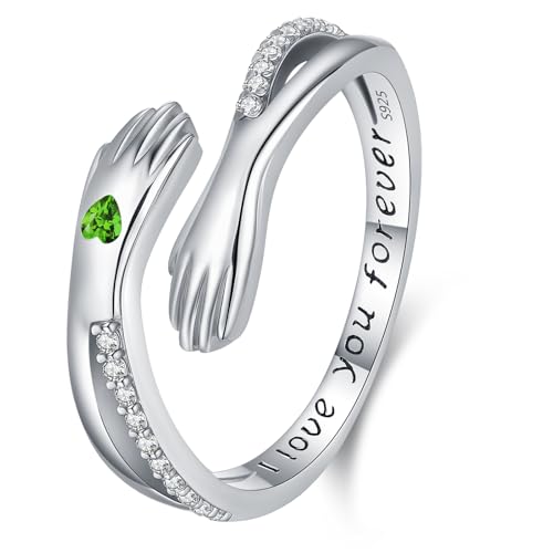 Friggem Anillo de Abrazo, Anillo de plata de ley 925 para mujer, Anillos Piedra de Nacimiento Mayo y Anillas Ajustables, Anillos partido Regalos de Joyería para madres, amantes y niñas