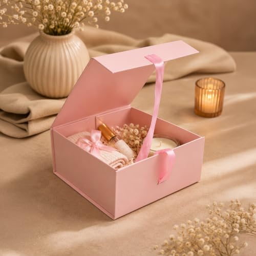 Image of Kura by Ekhasa Foldable Large Multipurpose Gift Hamper Box (21.5 x 21 x 9.5 cm) with Magnetic Closure & Ribbon | Pink Rigid Cardboard Empty Reusable Packing Box | Birthday, Wedding & Festive Gifting