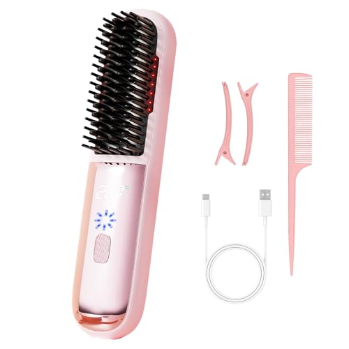 Glättbürste Kabellos,Tragbare Mini Glätteisen Haarglättungsbürste,4-Stufen Temperatur,160°C-220°C Wiederaufladbar Straightener Bürste,20 Sekunden schnelle keramische Hitze für das Haarstyling (Rosa)