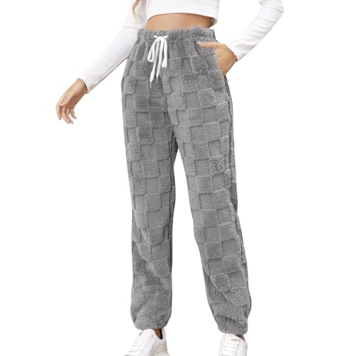 2024 Womens Fleece Pants Winter Warm Fuzzy Sherpa Trousers Plush Teddy Sweatpants High Waist Joggers Pockets Loungewear Gray