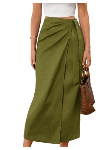 Milumia Women's Linen Knot Side Wrap Skirt Casual High Waisted Midi Skirts