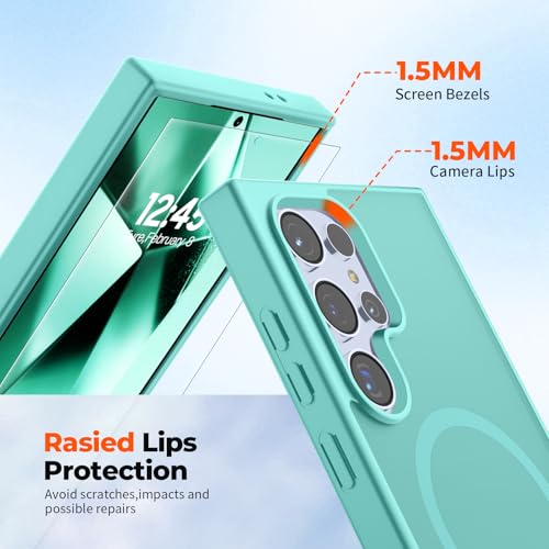 Image of SUPFINE Magnetic for Samsung Galaxy S24 Ultra Case with Screen Protector, (Built-in Magnets) (Military Grade Drop Protection) Slim Translucent Shockproof Phone Case,Blue Green