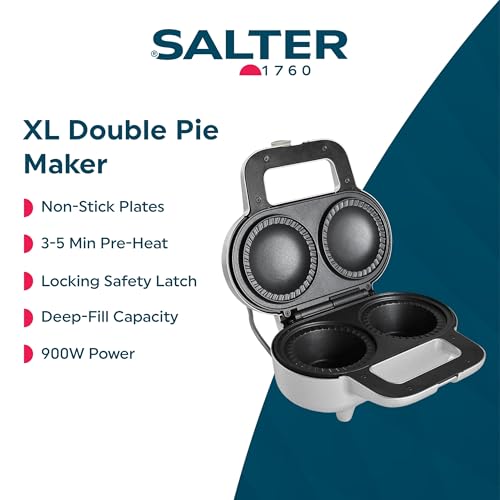 Salter XL Double Pie Maker - Twin Deep-Fill Pie Machine, Non-Stick & Crimp-Edged Cooking Plates, 3-5 Minute Pre-Heat, Locking Latch, Fruit/Meat/Mince Pies, 9cm Diameter x 7cm Depth Pies, 900W