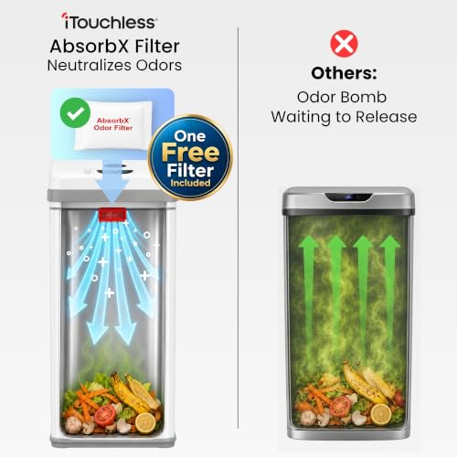 Image of iTouchless 13 Gallon Sensor Kitchen Trash Can with Pet Lock & Odor Filter, Patented 50L Automatic Touchless Garbage Bin with Lid Sleek Rectangular Premium Wastebasket for Farmhouse & Modern Home White