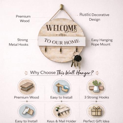Image of CraftVatika Wooden Wall Key Holder with 3 Hooks, Round Decorative Key Rack Organizer for Wall, Entryway Holder for Home Entrance, Wall Mounted Stand for Home Decor, Housewarming Gift Item