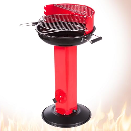 LOLAhome Barbacoa de carbón roja Aire controlado| De Ø58x84cm | Regulable 4 alturas, Doble parrilla Cocinar y Calentar, fácil montaje, fácil guardado | Para 8 comensales | Barbacoa jardín