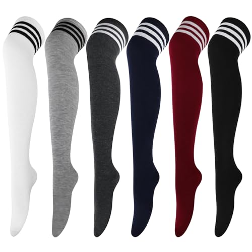 Image of AQOKKA Thigh High Socks for Women Striped Over Knee Thigh Socks Long Boot Thigh High Stockings Leg Warmers for Girls