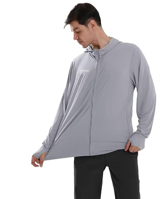 Image of Alexvyan XL Grey Full Length Men's UV Protection Jacket With 4 Pocket, Lightweight Summer Sun Screen Hoodie, UPF 50+ Protection for Outdoors, Long Full Zipper Sun Protection Jacket- FIT 70-90 KG