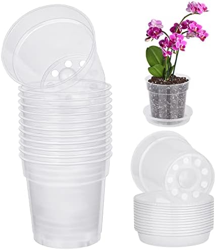 Hahood 12 Pack Clear Orchid Pots with Saucer 4.5 Inches Transparent Flower Plant Pot Orchid Pots with Holes Plastic Seedlings Nursery Pots for Indoor Outdoor Garden