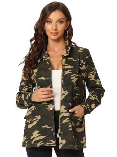 Allegra K Chaqueta utilitaria ligera con bolsillos con solapa en la cintura con cordón para mujer Camuflaje XS