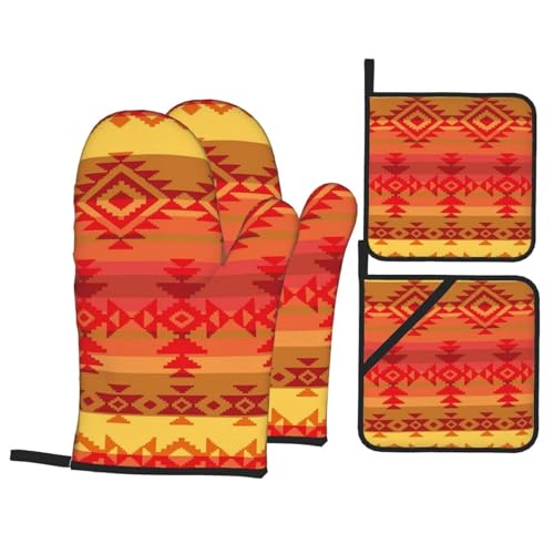 Native Traditional American Indian Aztec Mexican Mexico 4-Piece Oven Mitts and Handle Covers Set - Heat Resistant Baking Gloves for Kitchen BBQ Grilling
