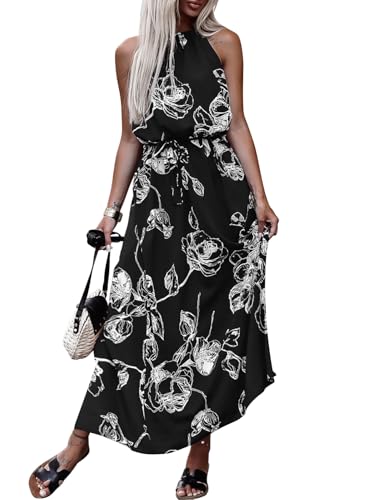 miduo Womens Casual Summer Halter Neck Sleeveless Bohemian Geometric Pattern Flowy A Line Maxi Long Dress with Belt