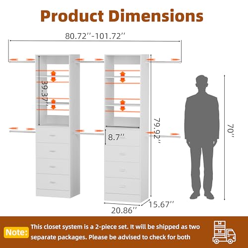 Closet System Set of 2, 6Ft-10Ft Closet Organizer System With 8 Wooden Drawers, Walk-In Closet Storage System With 8 Expandable Hanging Rods, Adjustable Cloth Garment Rack from 6 to 10FT, White - Image 8