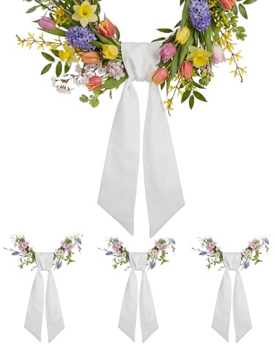 Kutyndrix White Wreath Sash 4 Pack for Front Door, 55 x 5 Inch Blank Linen-Look Ribbon for Embroidery Monogram, Farmhouse Holiday Wedding Decor