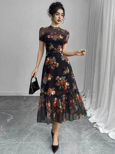 Image of GothDark Women's Summer Floral Mesh Ruffle Dress Short Sleeve Round Neck Waist Cinched Casual Maxi Wedding Guest Dresses