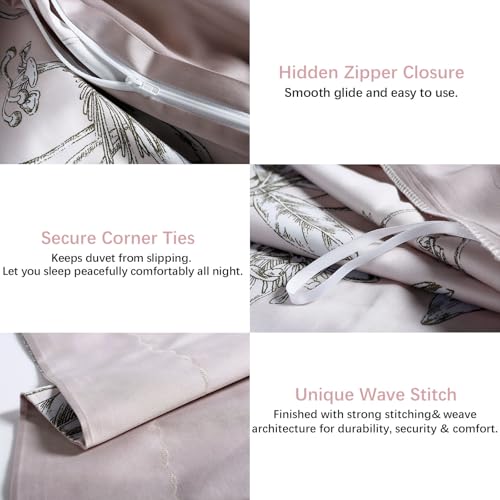 MILDLY 100% Long-Staple Cotton Duvet Cover Set Light Pink Elegant Floral Pattern Printed Comforter Cover 3pcs, Ultra Soft & Breathable Bedding Set