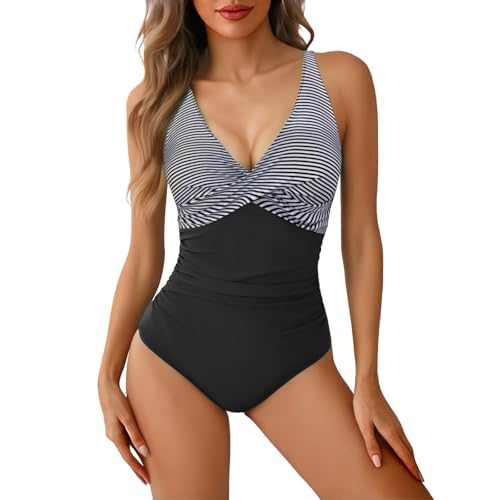 Damen- Badeanzug, Bauchkontrolle, Einteiler, tiefer V- Ausschnitt, gerüscht, überkreuzter Rücken, rückenfrei, Push- Up- Badeanzug, 01- 1- Grau, S