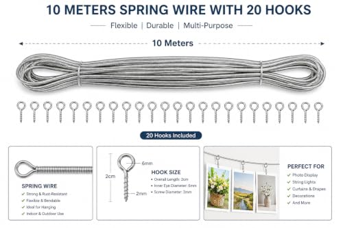 Image of Livshine Spring Curtain Wire 10 Meter with 20 Screw Eye Hooks, Flexible Metal Curtain Hanging Wire Kit for Windows, Cafe Curtains, Photo Display, String Lights and Decor
