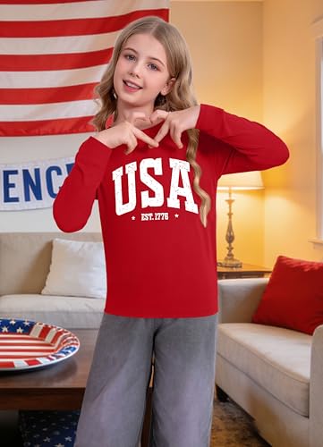 Image of Ithalt 4th of July Outfit Kids Girls American T Shirt USA T-Shirt Fourth of July Tops Patriotic Long Sleeve Tops