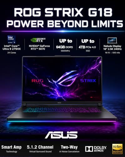 Image of ASUS ROG Strix G18 Gaming Laptop, 18 inch FHD 2.5K 240Hz /3ms Nebula Display, NVIDIA GeForce RTX 5070 Laptop AI, Intel 24-Core Ultra 9 275HX, 64GB DDR5 5600MHz, 2TB SSD, Wi-Fi 7, Win 11 Pro, RGB Backlit KB