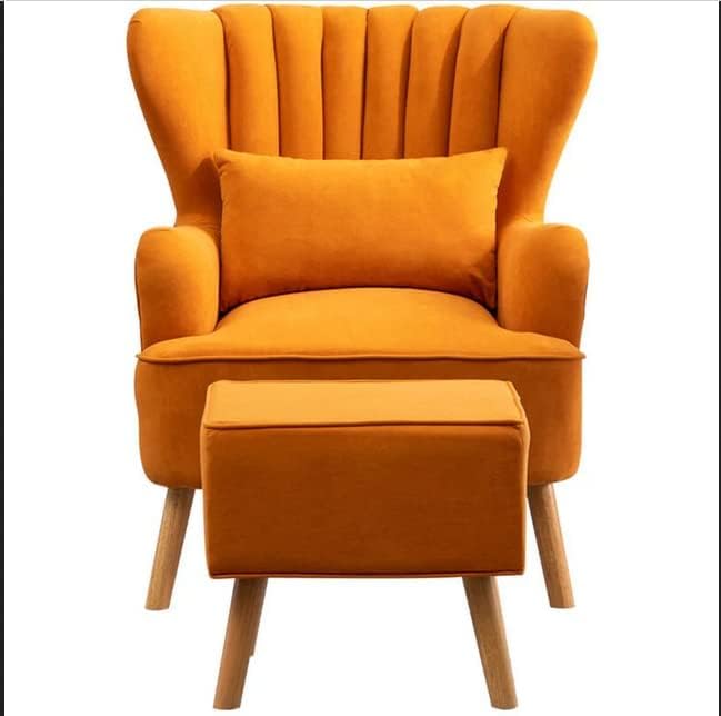 Image of Aisha CRAfT House Solid Wood Wing Chair for Living Room, Arm with Ottoman /Footrest for Bedroom, Velvet Accent Chair with Pouffes, High Back Occasional Tub Chairs with Foot Stool (Orange)
