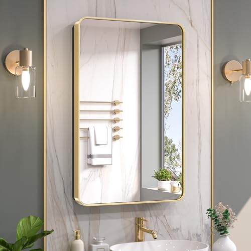 Keonjinn 20 x 32 Inch Gold Mirrored Medicine Cabinet, Recessed Medicine Cabinets for Bathroom, Dim Brushed Brass Stainless Steel Framed, Adjustable Shelves, in Wall or Surface Mount, Sturdy & Heavy