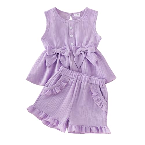 Baby Girl Clothes Toddler Summer Outfits Cute Bow Sleeveless Top and Ruffle Shorts 2pc Set 1-5 Years Old