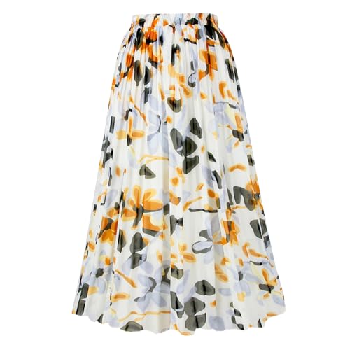 OBBUE Women's Chiffon Pleated Skirts Elastic High Waist A-line Midi Skirts for Casual Party Holiday Yellow Blue Flower M