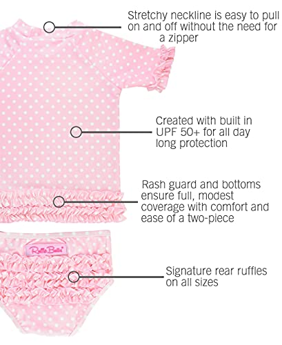 RuffleButts® Girls Rash Guard 2-Piece Swimsuit Set - Pink Polka Dot Bikini with UPF 50+ Sun Protection - 3T