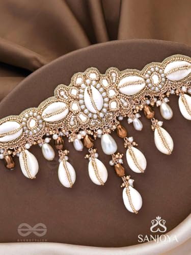 Image of SANJOYA Traditional Cowrie Shell & Pearl Bridal Choker Necklace for Haldi | Gold-Tone Kundan Beaded Indian Ethnic Choker with Crystal & Shell Drops | Mehndi Sangeet Wedding Jewellery for Women & Girls