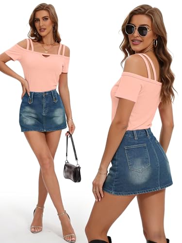Image of Bliwov Womens Cold Shoulder Tops Short Sleeve Cute Sexy Summer Spring Beach Vacation T Shirts Fashion Outfits Basic Clothes