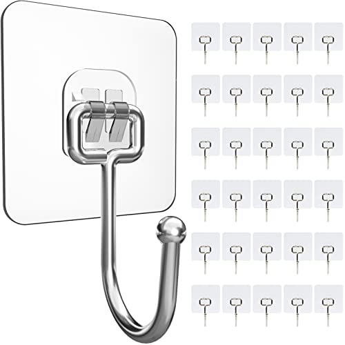 Anffeary 30 Packs Large Adhesive Wall Hooks, Heavy Duty Hold 44lb(Max) Wall Hooks for Hanging, Transparent Waterproof Rustproof Sticky Hooks for Kitchen Bathroom Home Office