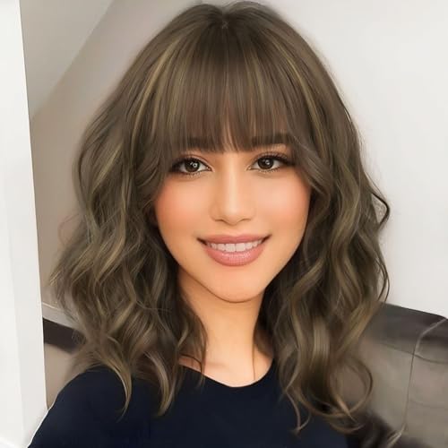 Image of AISI HAIR Synthetic Wavy Curly Bob Wig with Bangs Brown mix Caramel Blonde Short Hair for Women Synthetic Heat Resistant Bob Wigs