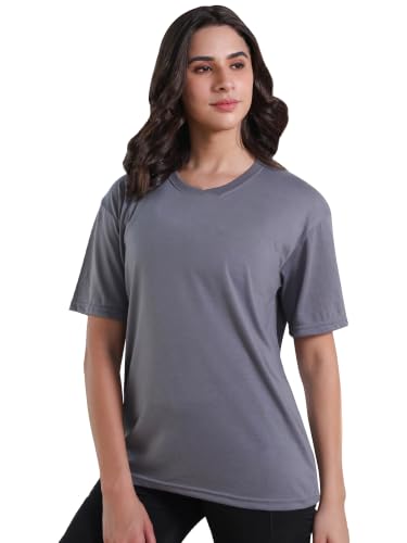 Image of CHKOKKO Oversized Round Neck Drop Shoulder Solid Polyester Full Sleeves T-Shirt for Women