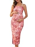 MARI GABRIEL Women Maternity Dress Mesh Ruched Side Bodycon Spaghetti Strap Pregnancy Dresses for Wedding Guest Red Floral M