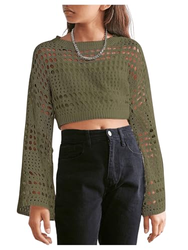Image of RoseSeek Girl's Hollow Out Knitted Crop Sweater Long Sleeve Crew Neck Drop Shoulder Sheer Pullovers Knitwear