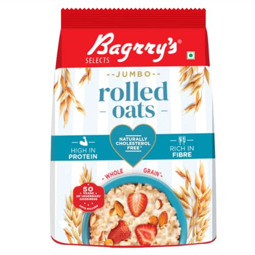 Image of Bagrry's Jumbo Rolled Oats 1kg | Whole Grain, High Fibre & Protein Breakfast Cereal | Non-GMO Oats | No Added Sugar & Preservatives | Instant Oats for Breakfast
