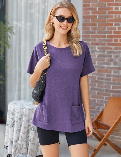 Image of Ekouaer Two Piece Sets for Women Summer Outfits 2026 Lounge Set Crew Neck Tshirts Biker Short Sweatsuit with Pocket