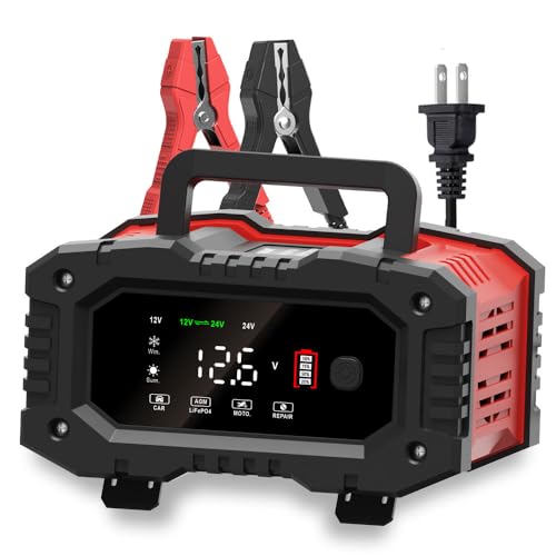 ATian Smart Battery Charger 12V/20A 24V/10A Automatic Battery Maintainer Auto-Volt Detection ,with LDC Display Tester for Car Motorcycle Lawn Mower AGM GEM Lead Acid Batteries (Red)