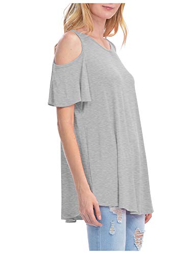 Kogmo Womens Cold Shoulder Short Ruffle Sleeve Tunic Top-M-Heather_Gray #TOP1