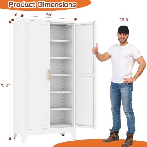 Image of White Metal Storage Cabinet,75 inch Steel Cabinets for Home Office, Kitchen Pantry Storage Cabinet with Doors and 5 Adjustable Shelves, Tool Cabinets, for Office, Home, Garage, School, 36 inch W