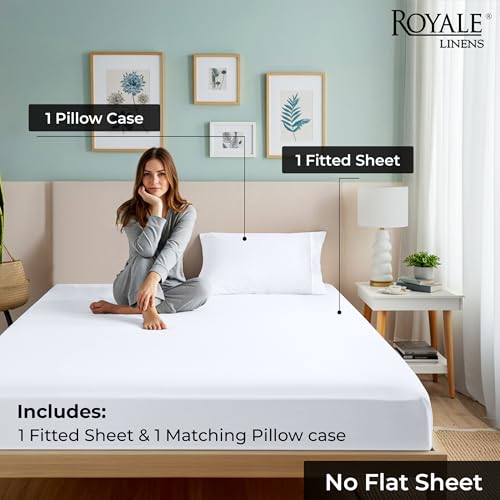 Image of ROYALE LINENS Fitted Sheet with Pillowcase - Twin XL Fitted Sheets with 1 Pillowcase - 300 Thread Count 100% Organic Cotton - Fit Mattress Up to 18 inch Deep - Soft & Breathable - White (No Flat Sheet)