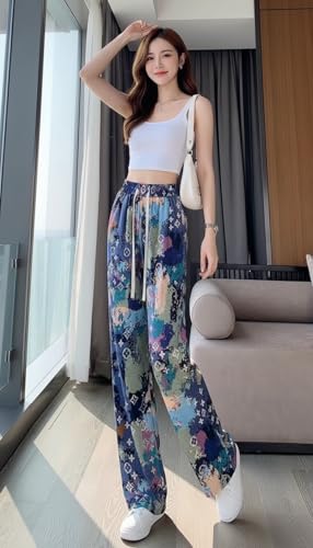 Image of Celary Women's Printed Palazzo Pants - Silk Blend High Waist Wide Leg Trousers | Elastic Waist Relaxed Fit Casual Flowy Pants for Travel, College, Office