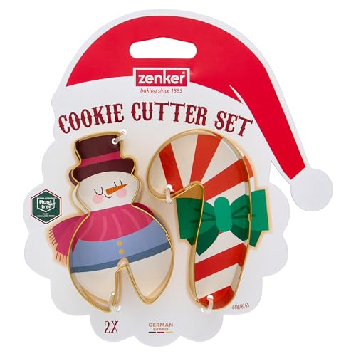 Zenker Juego de 2 cortadores de galletas muñeco de nieve y bastón de azúcar, material de acero inoxidable color dorado, dimensiones muñeco de nieve 9,5 x 5,5 cm, palo 9 x 6 cm
