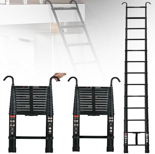 Telescoping Ladder 12.5FT Aluminum Telescoping Ladder with 2 Detachable Hooks, Portable Extension Ladder, Non-Slip Telescope Lightweight Ladder RV Collapsible Ladder for Home, 330Lb Capacity, EN131