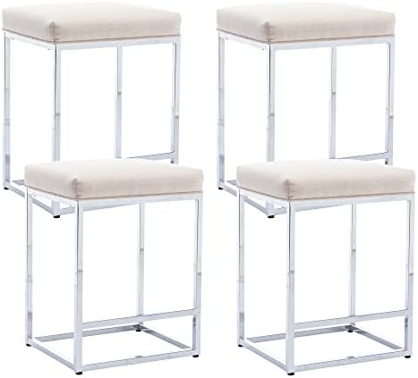 BESTANO 24'' Counter Height Bar Stools Set of 4, Cream Fabric Barstools with Chrome Base, Kitchen Island Counter Bar Chairs with Footrest