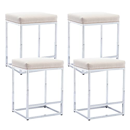 Bestano 24'' Counter Height Bar Stools Set Of 4, Cream Fabric Barstools With Chrome Base, Kitchen Island Counter Bar Chairs With Footrest #TOP3