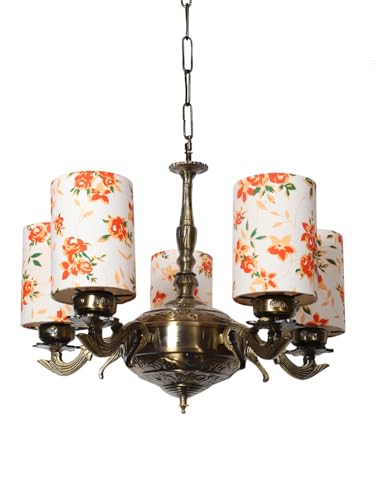 Image of Devansh 05 Lights Printed Round Cotton Shade with Antique Golden Chandelier -D