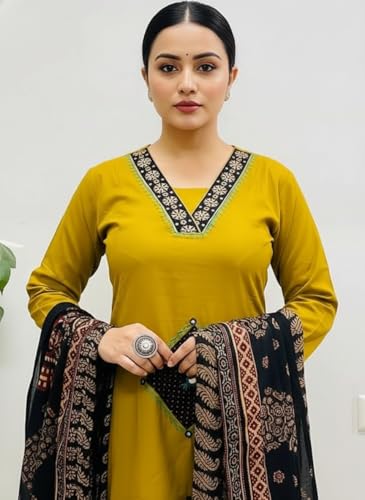 Image of BHARVITA Women's Rayon Handwork Embroidered and Printed Straight Kurta with Pant And Dupatta Sets